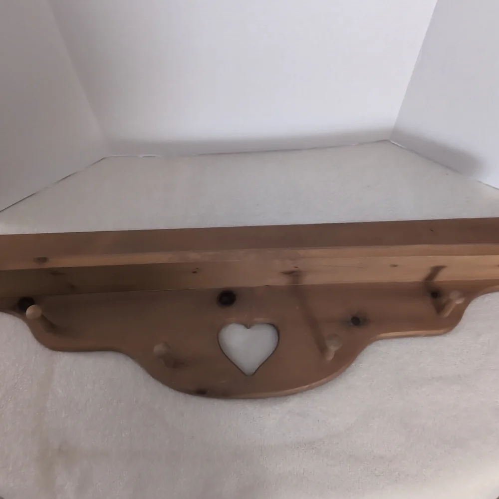 Vintage Wood Shelf With Heart Cut OutWall Shelf With 4 Pegs - 35”